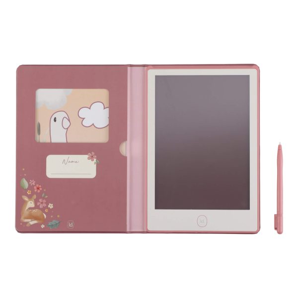 Ružičasti LCD tablet za crtanje za djecu s olovkom i 30 dvostranih kartica za precrtavanje motiva.