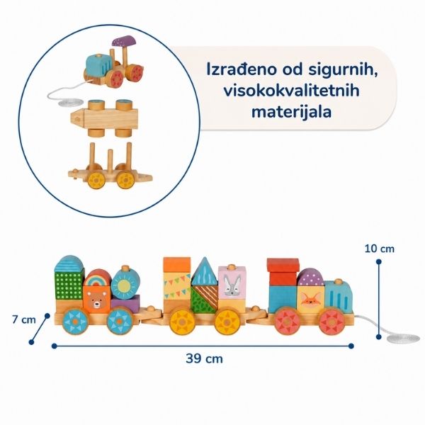 Montessori drveni vlak Šarene životinje s elementima za slaganje